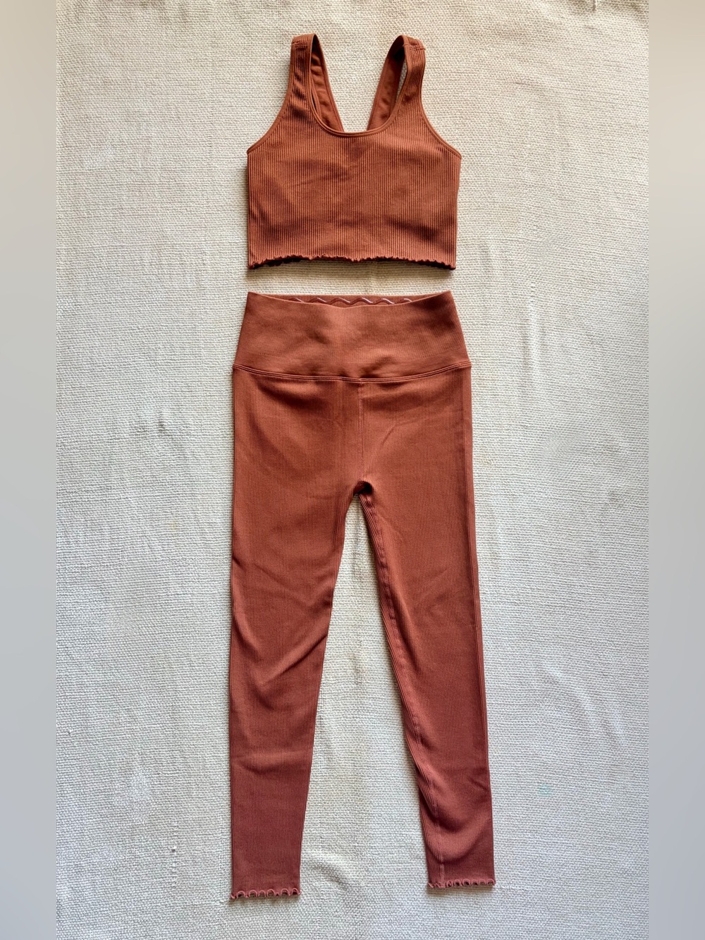 Deep Rust Colored Ribbed Sports Bra + Leggings Set w Lettuce Trim — Size S